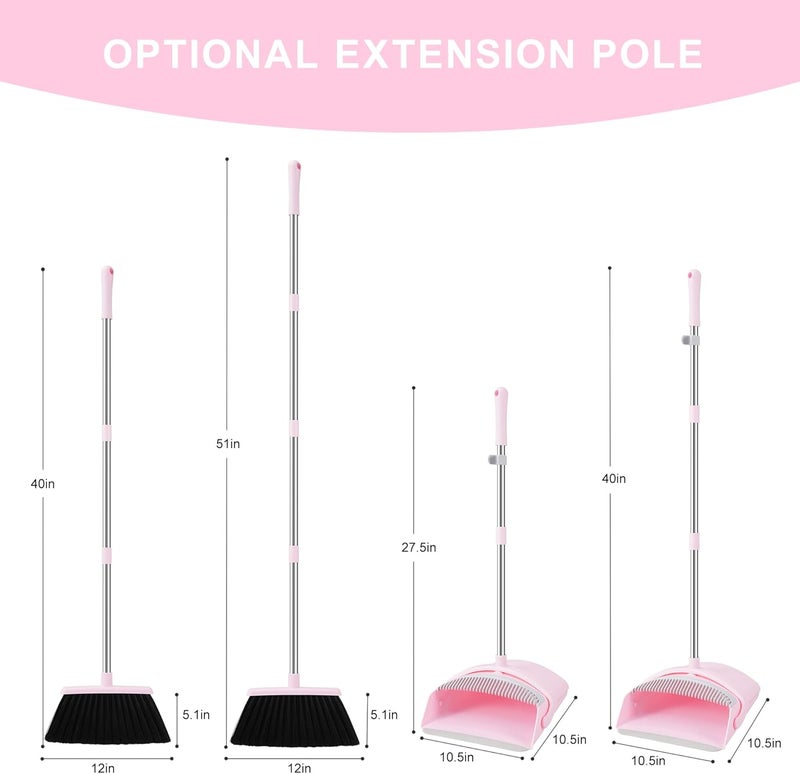 BSKLIN Broom and Dustpan Set Pink, Broom with Dustpan Combo Set for Home 52-in Long Adjustable Handle Dustpan Teeth to Clean Hair for Home Office Kitchen Lobby - Image 5